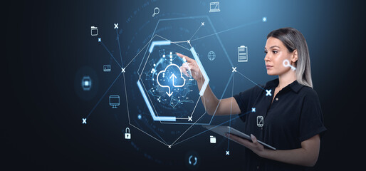 Woman interacting with virtual cloud storage interface on futuri