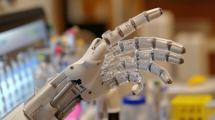 Robot hand arm finger holding dna research biology technology molecular genetic chromosome copy space helix chemistry gene innovation atom cell clone datum human people person male female ai digital