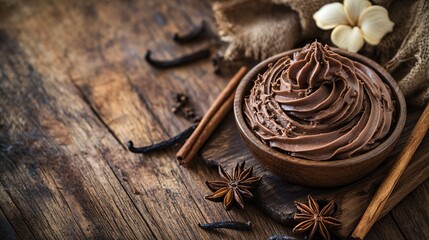 Rustic bowl of chocolate frosting surrounded by decorative cinnamon sticks and vanilla pods on a wooden table