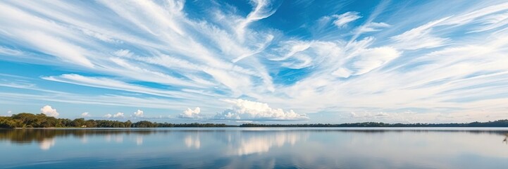 Obraz premium Azure sky with wispy clouds scattered across a serene lake Apopka scene, reflecting perfectly in the still waters of Winter Garden's picturesque surroundings, nature, lake apopka, serenity