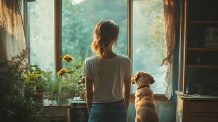 Young woman stands with her dog and looks out of the window while making repairment of a new house on nature. Creative process of home renovation and repair, friendship with pets
