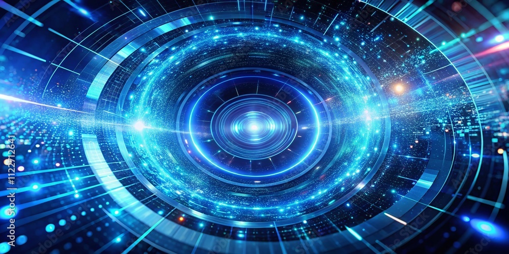 Aufkleber abstract blue digital vortex in futuristic cyber space with bright lights, circles, and particles cr
