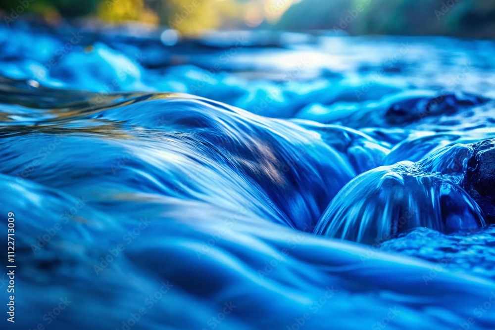 Poster abstract blue water stream background with slow motion effect and shallow depth of field, capturing 