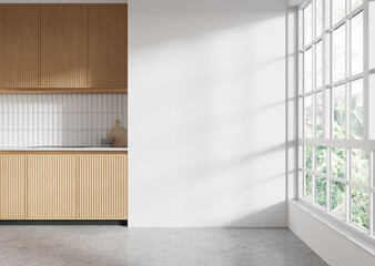 Modern kitchen interior mockup with wooden cabinets, white tiled backsplash, large windows, and...