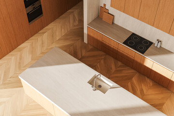 Top view of modern kitchen interior with wooden cabinets and chevron parquet floor design. 3D Rendering