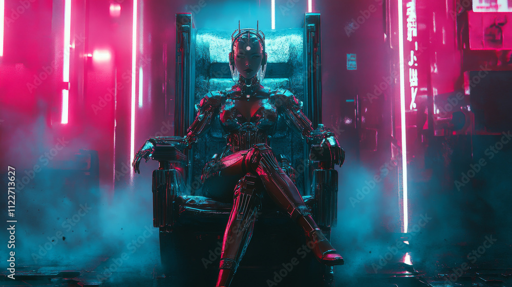 Poster ai or artificial intelligence in image female cyborg queen. robot woman majestic sitting on throne i