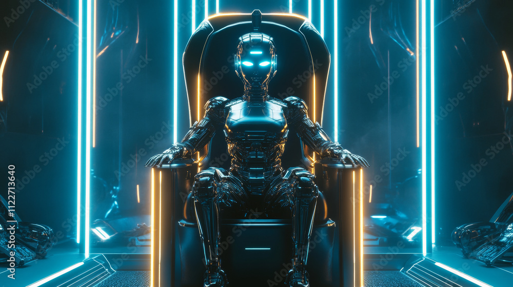 Poster ai or artificial intelligence in image female cyborg queen. robot woman majestic sitting on throne i