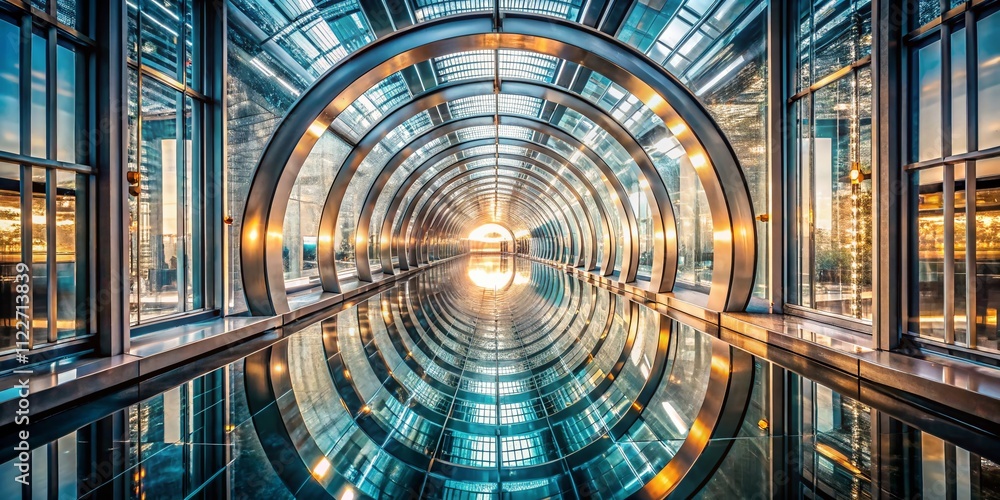 Poster abstract circular passage made of glass reflecting light with modern architectural elements and soft