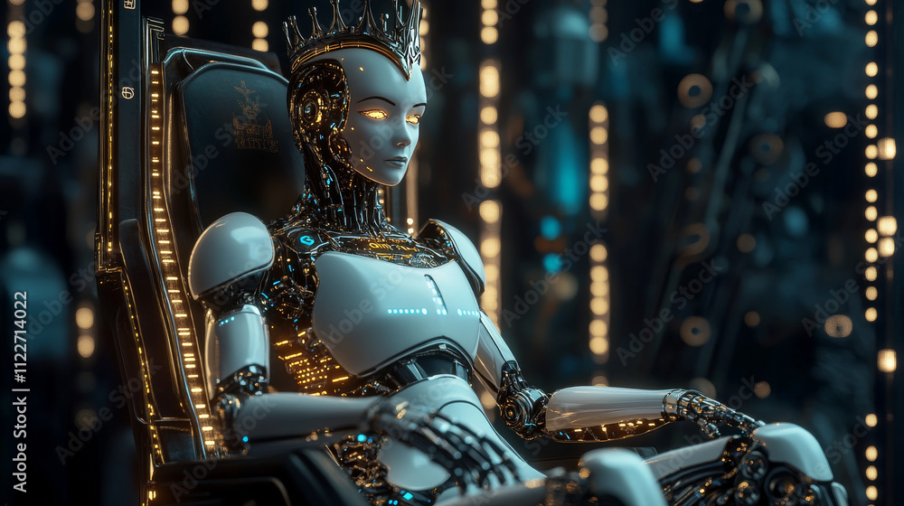 Poster ai or artificial intelligence in image female cyborg queen. robot woman majestic sitting on throne i
