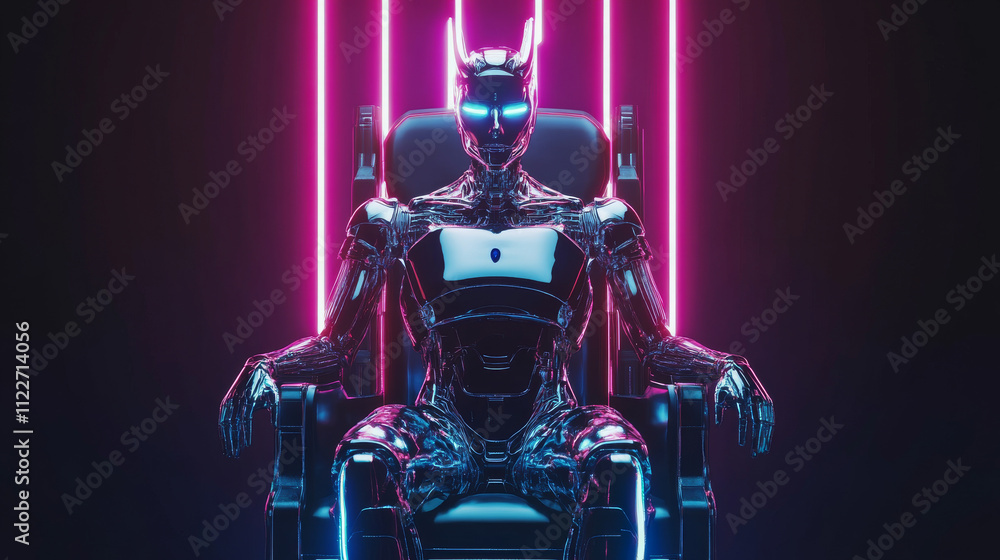 Poster ai or artificial intelligence in image female cyborg queen. robot woman majestic sitting on throne i