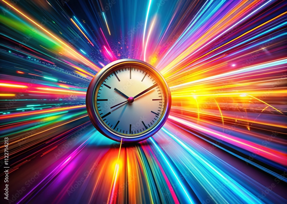 Poster abstract colorful futuristic clock with dynamic light streaks representing modern technology and the
