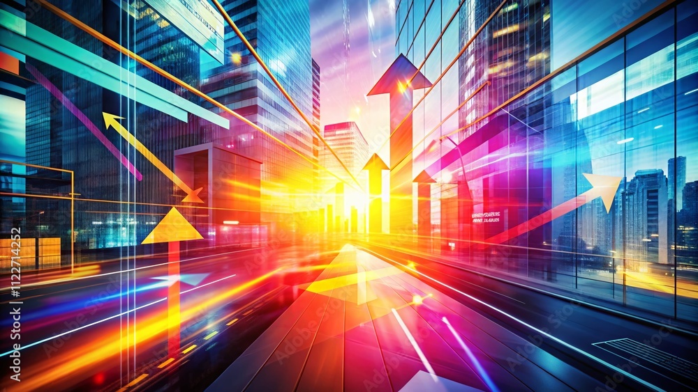 Poster abstract color gradient contrast with tech arrows in a double exposure photography style for corpora
