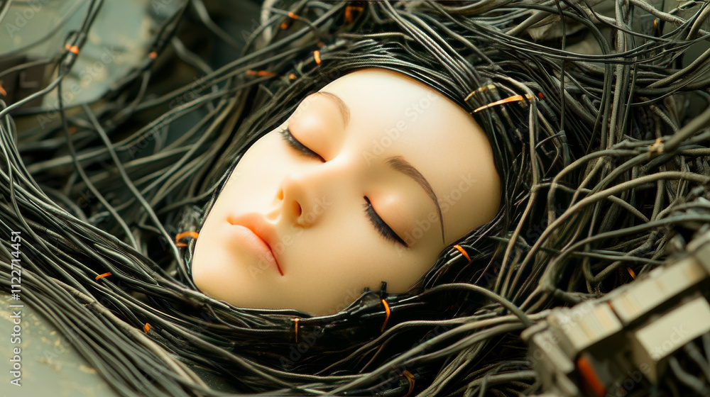 Poster robot woman curl up, sleeping in cyberspace. cyborg connection cables with data signals. sci fi illu