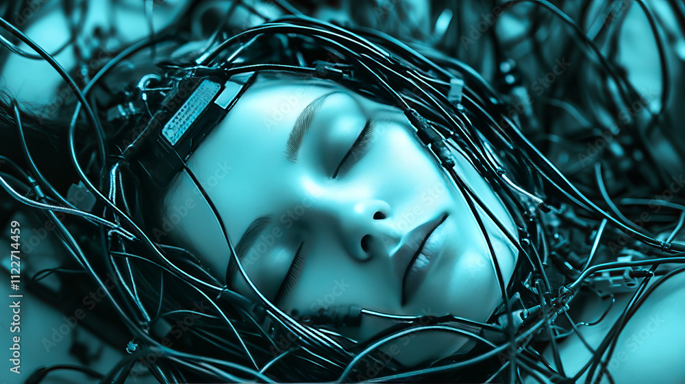 Poster robot woman curl up, sleeping in cyberspace. cyborg connection cables with data signals. sci fi illu