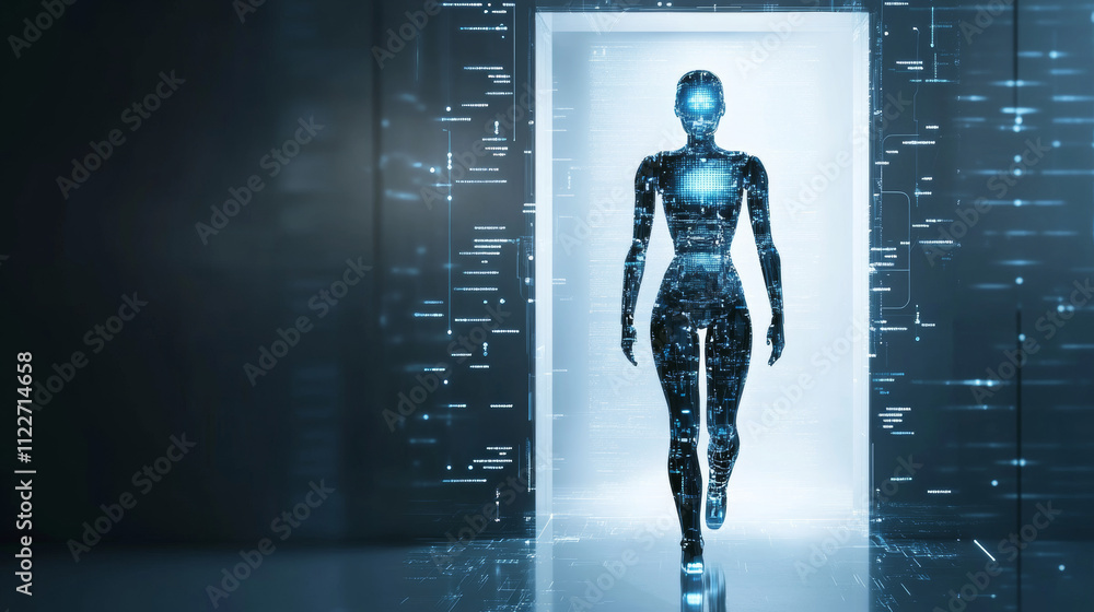 Poster woman robot or cyborg with ai enters futuristic door. ai or artificial intelligence learning concept