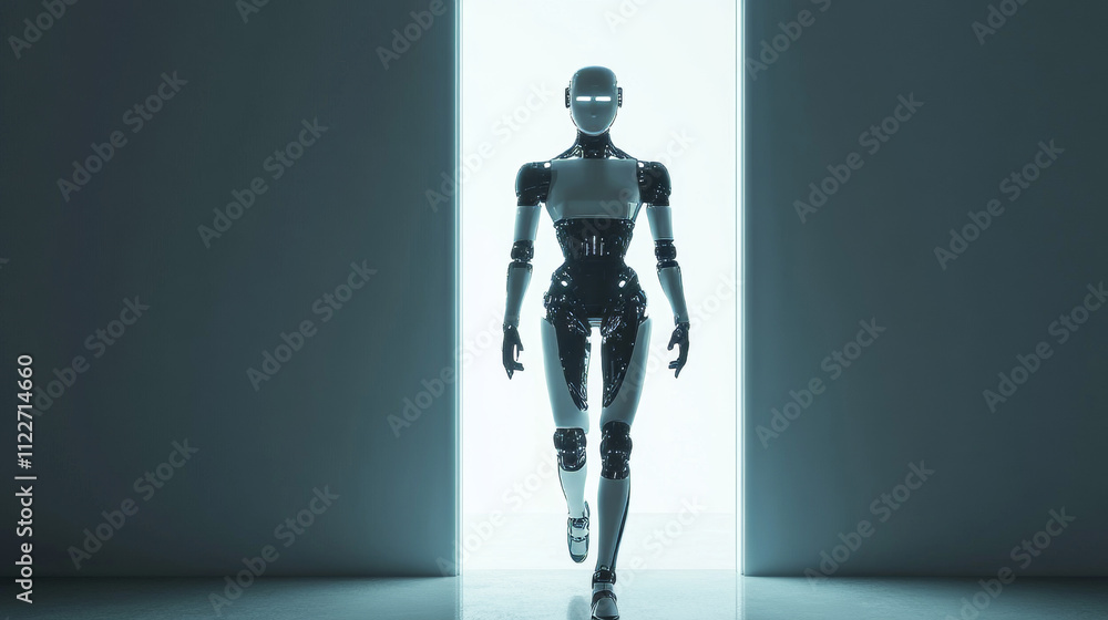 Poster woman robot or cyborg with ai enters futuristic door. ai or artificial intelligence learning concept