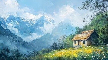 Obraz premium A Painting Of A House In The Mountains Small Village in Boho Style