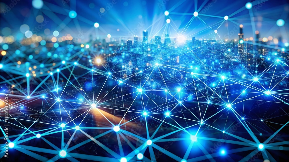 Poster abstract double exposure photography of a network with interconnected nodes and lines in blue tones 