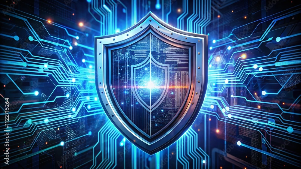 Poster abstract double exposure photography of a shield symbolizing security technology with futuristic ele