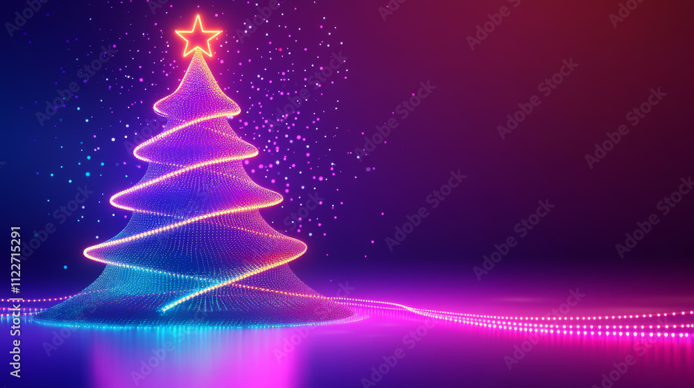 Poster christmas and new year background in computer tech 3d geometric abstract style. neon isometric chris