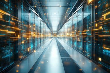 Futuristic Data Center with Flowing Digital Elements