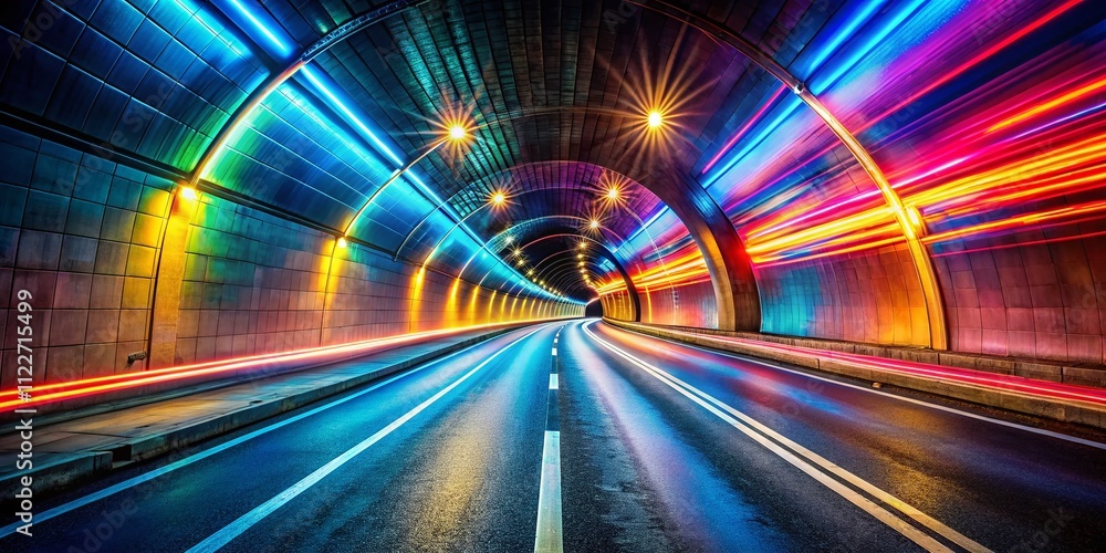 Poster abstract empty road tunnel with colorful light trails in a double exposure technique, showcasing vib