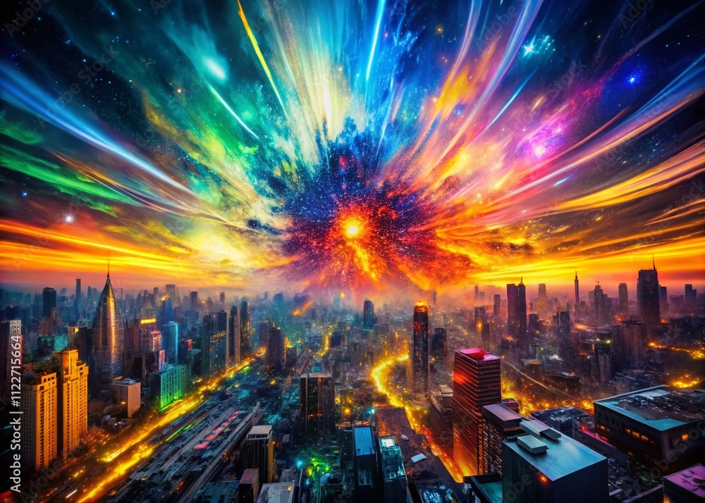 Poster abstract explosion of vibrant colors resembling a cosmic event in dynamic and fluid composition for 