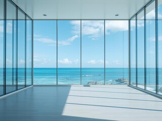 Coastal room with floor-to-ceiling glass wall, ocean view, glass wall, wave patterns