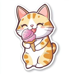 Obraz premium Cute orange tabby cat enjoys a scoop of pink ice cream on a sunny day