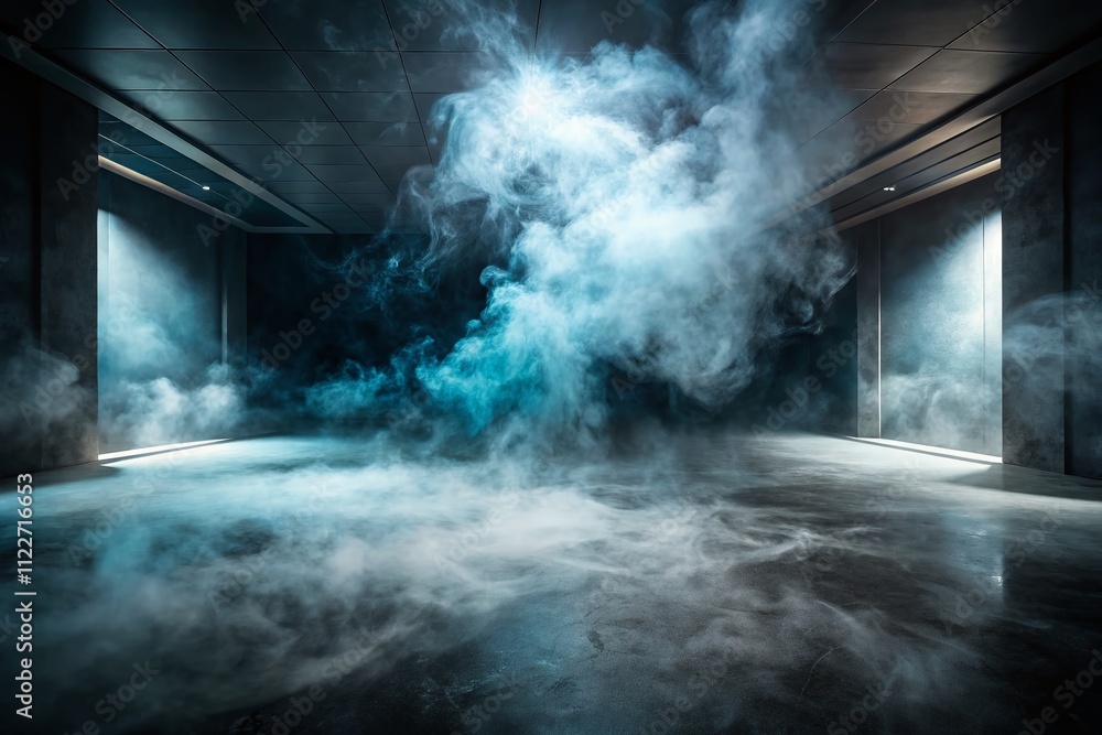 Poster abstract foggy background for product placement on dark concrete floor with panoramic view of moving