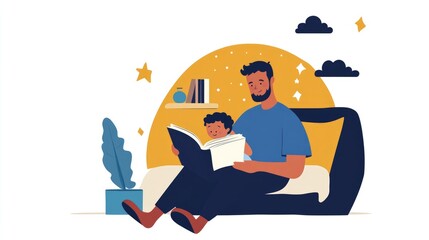 A parent reading a bedtime story to a child, emphasizing the transmission of cultural knowledge through storytelling. Concept of oral traditions