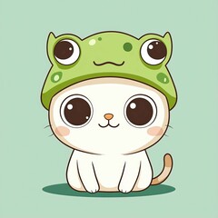Obraz premium Cute cat with a frog hat sitting against a soft green background during daytime