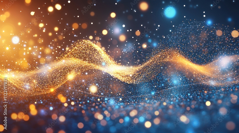 Poster futuristic particle mesh background with glowing nodes and flowing connections.