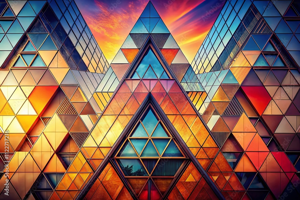 Poster abstract geometric art with colorful triangles and shapes in warm gradient for modern architectural 