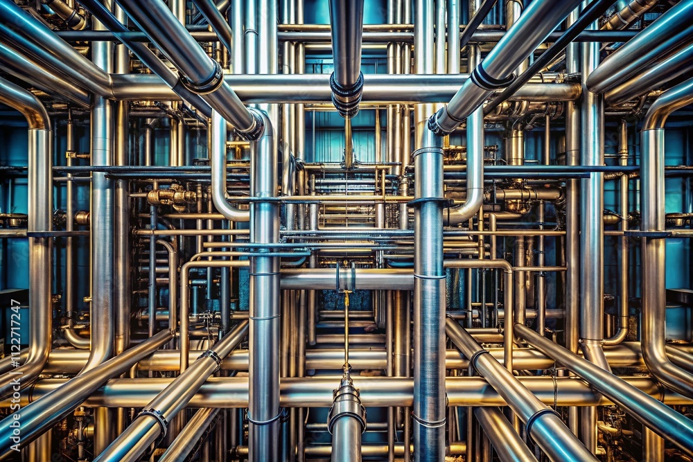Poster abstract geometric design of industrial pipeline grid with tilt-shift photography, showcasing modern