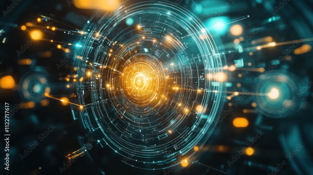 Poster futuristic technology communication design with glowing nodes and connecting lines for digital netwo