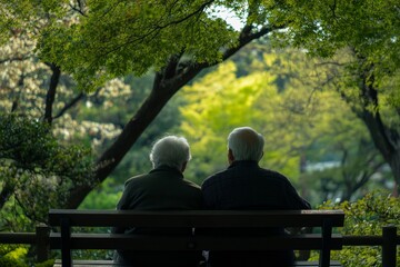 Fototapeta premium Two elderly people are sitting on a bench in a park