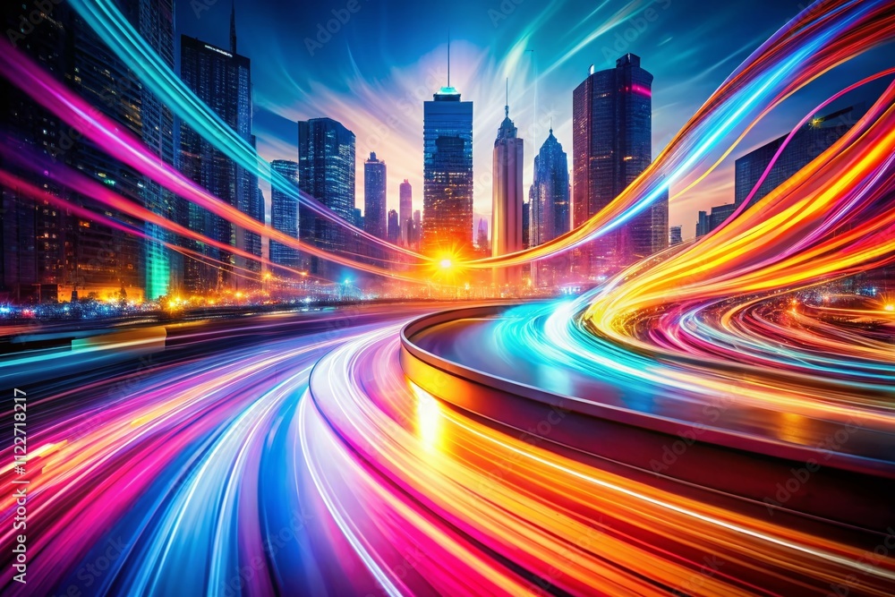 Poster abstract graphic art with long exposure effects creating dynamic light trails and vivid colors in a 