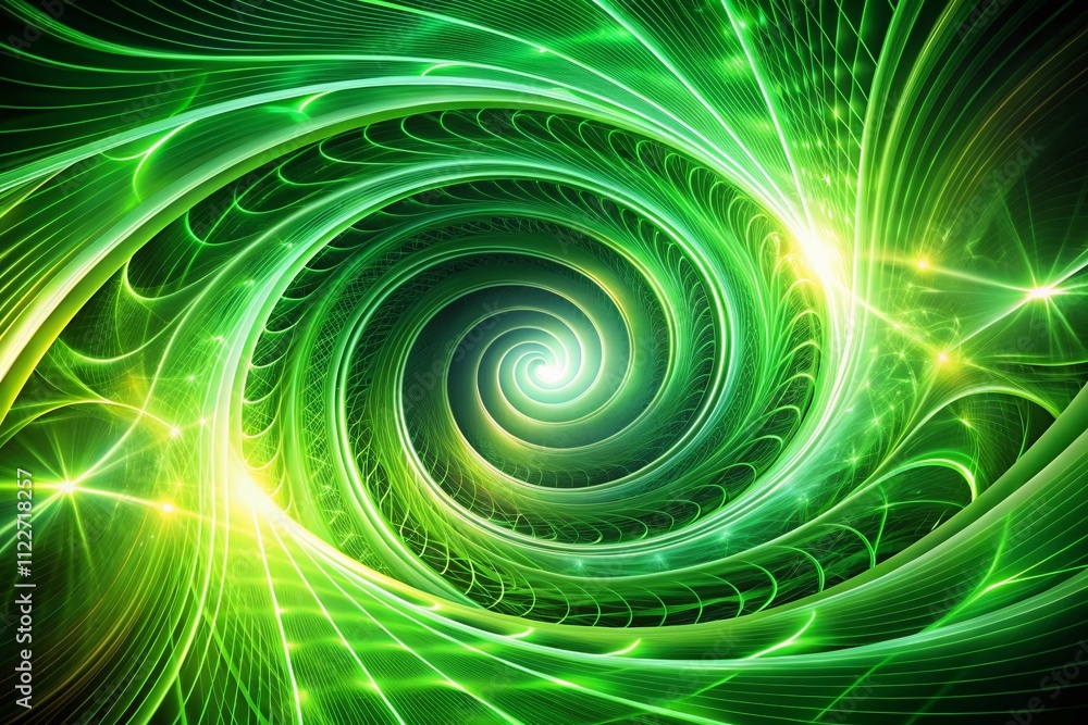 Poster fractal burst swirl pattern with green and black tones, creating a dynamic energy-filled design, per