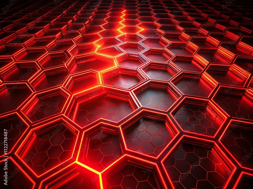 Poster abstract hexagon pattern with radiant red lines illuminating a dark background for dynamic night pho