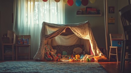A Photo Of A ChildÃ¢â‚¬â„¢s Fort Made From Blankets And Chairs With Toys Inside