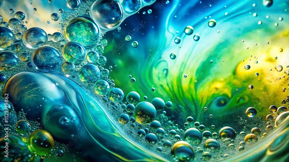Aufkleber abstract macro photography of blue turquoise teal and lime green splashing liquid on bright neon gra