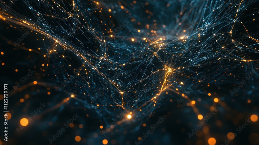 Poster high-tech communication concept with interwoven lines and luminous nodes, showcasing modern data flo