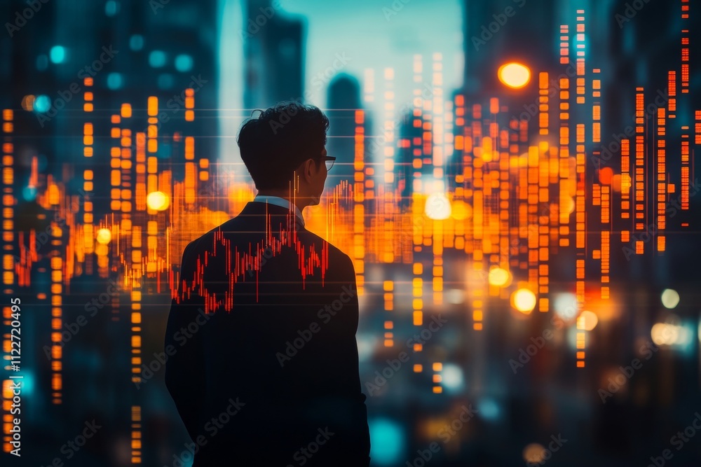 Poster a man is standing in front of a city skyline with a computer screen behind him