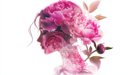 Woman surrounded by blooming peonies in a soft, ethereal composition showcasing nature and femininity