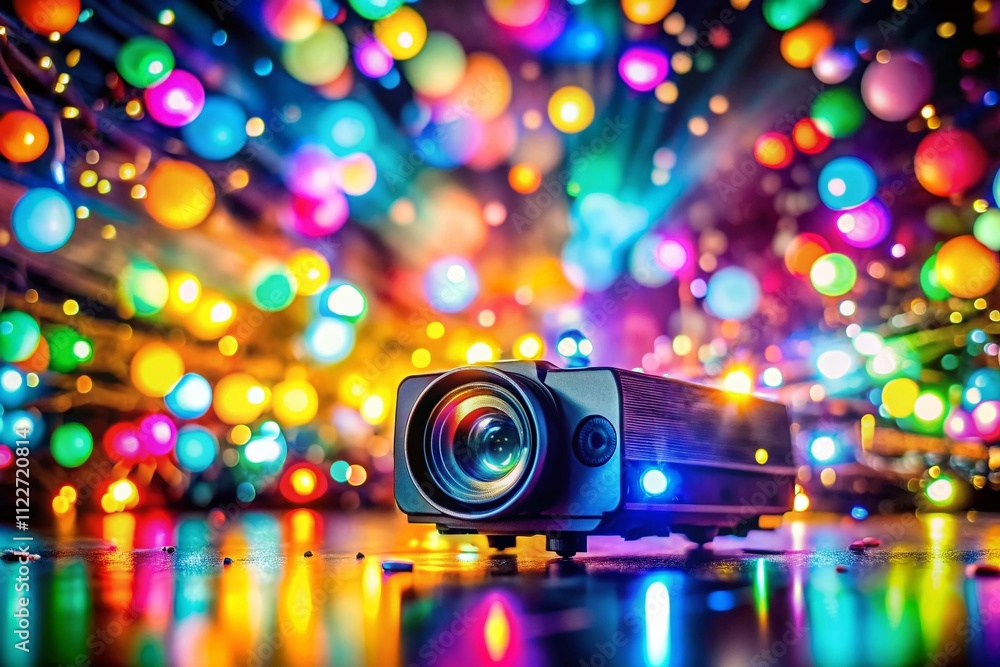 Poster A Captivating Display of Colorful Projector Lights Creating a Bokeh Background in Low Light Photography Perfect for Artistic, Creative and Dynamic Visuals