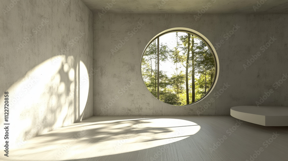 Poster architecture interior background empty room with round window 3d render