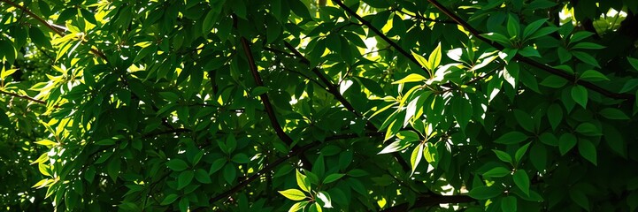 Obraz premium Dense foliage with sunlight filtering through leaves, botanical, sunlight, forest landscape