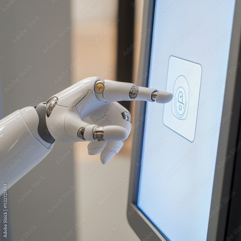 Poster The robot mechanical arm or hand presses the index finger on the button a virtual holographic interface HUD on touch screen. Artificial Intelligence futuristic design concept.