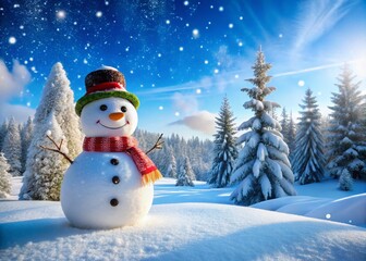 A Charming Snowman Amidst a Scenic Winter Landscape with Snow-Covered Trees and a Bright Blue Sky